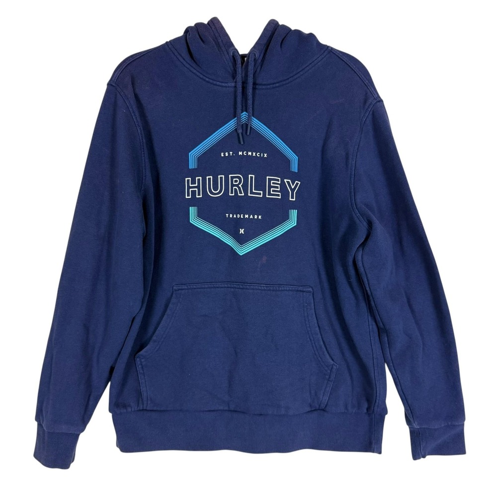 Hurley Hoodie Mens Medium Blue Pullover Fleece Hexagon Graphic Kangaroo Pocket